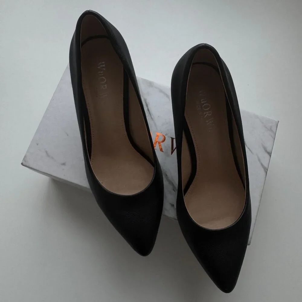 Women Black Pointed Toe Heels Pumps For Classic Faux Leather Comfortable Shoes